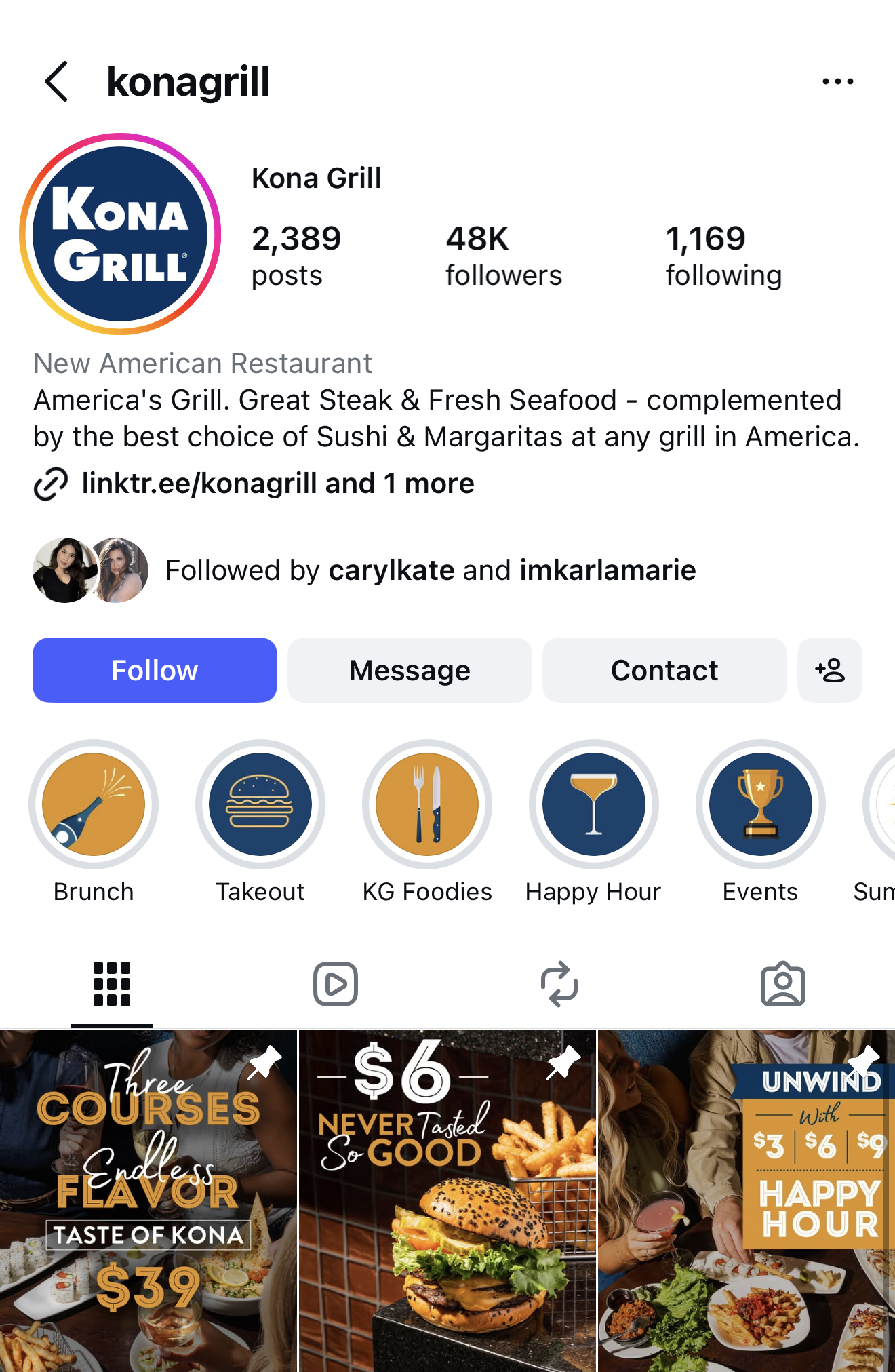 Kona Grill Instagram profile showing 48K followers