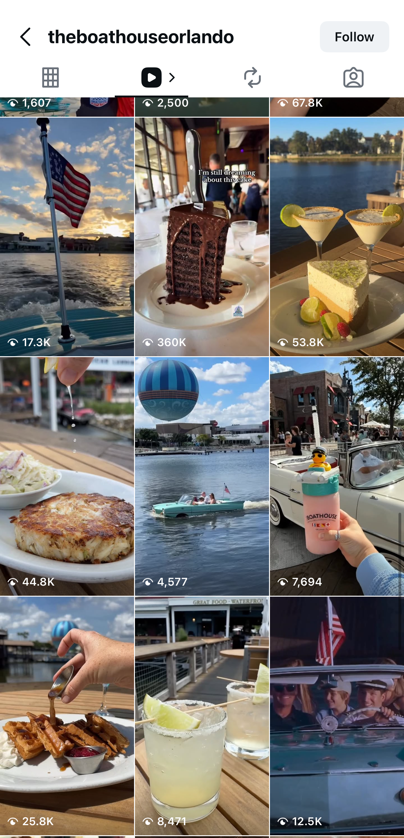 The BOATHOUSE — reels grid showing multiple high-performing pieces