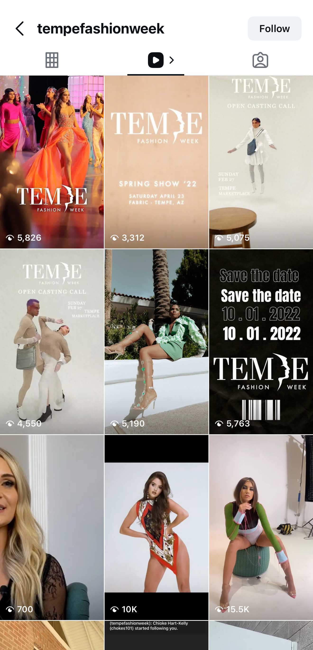 Tempe Fashion Week reels portfolio with multiple posts and engagement