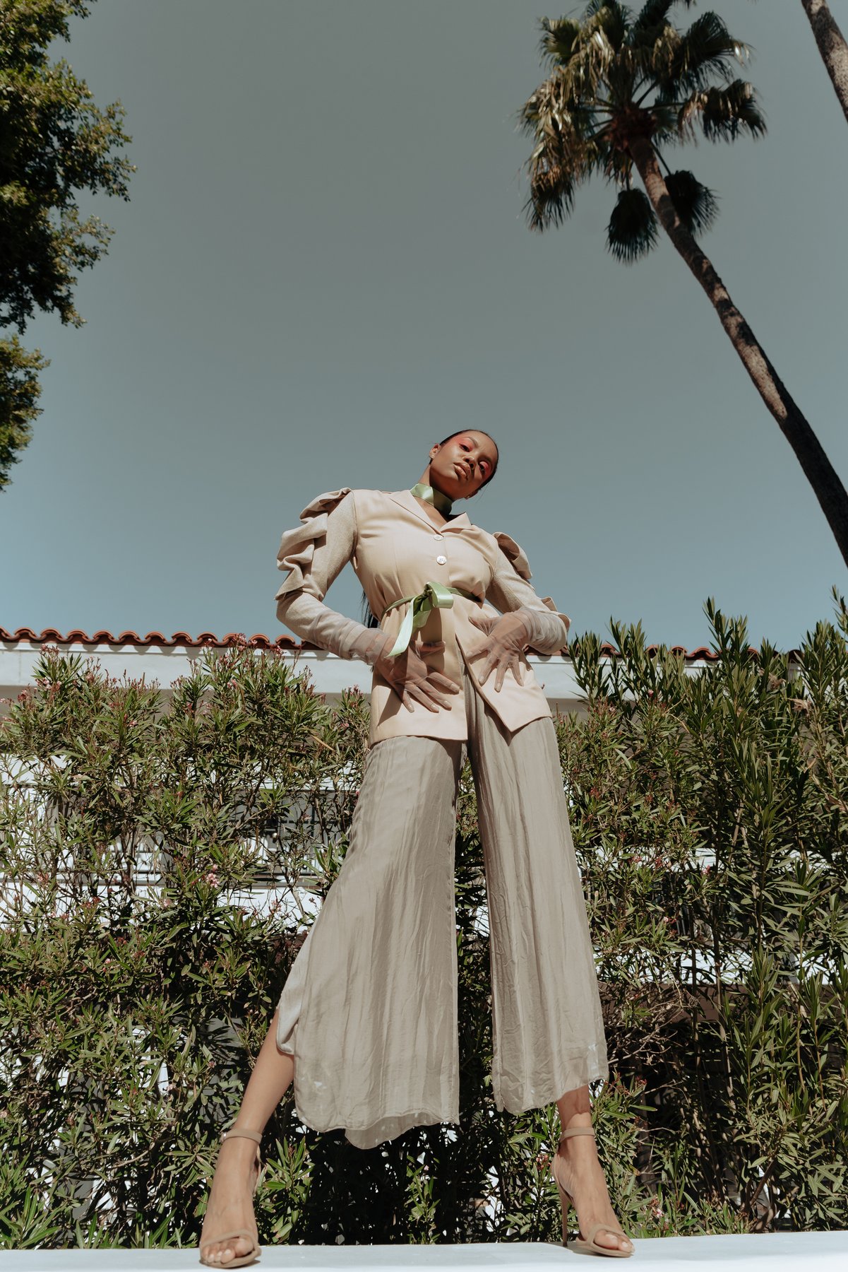 Editorial campaign — tan blazer and sheer pants